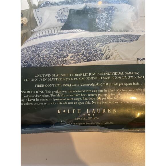 Lauren Ralph Lauren Porcelain Blue/White Twin Flat Sheet, NWT Vintage - Picture 5 of 5
